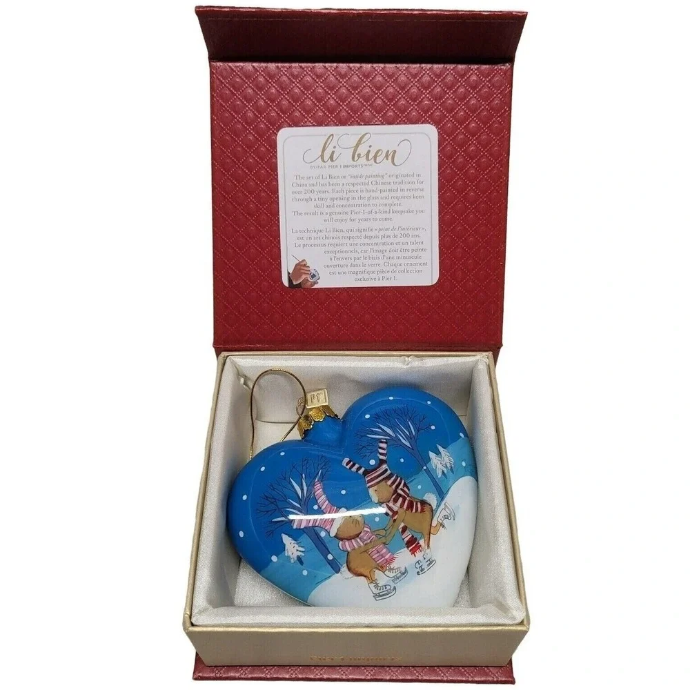 Li Bien Pier 1 Imports 2018 Heart Glass Ornament Ice Skating Bunnies Blue Boxed